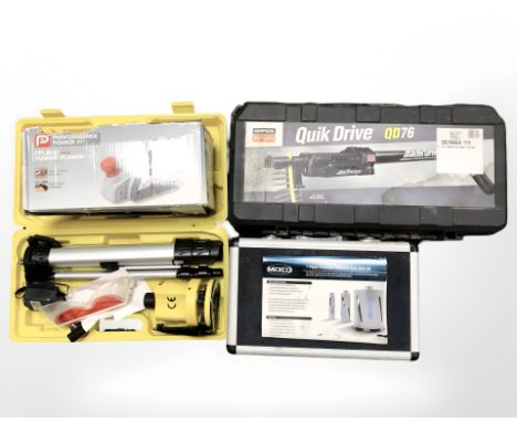 A seven piece diamond core drill kit, Performance power planer, Smithson Quicdrive and Focus rotary laser level kit 