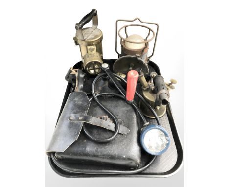 A Ceag inspection lamp, Spong coffee mill, brass blow lamp, Oldham Type T2 car lamp etc 