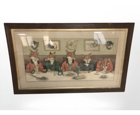 After Harry B. Neilson : A group of foxes at a dining table, colour lithograph, 33 cm x 69 cm.
