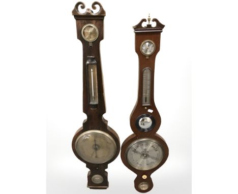 A 19th century rosewood barometer and a 20th century mahogany example.