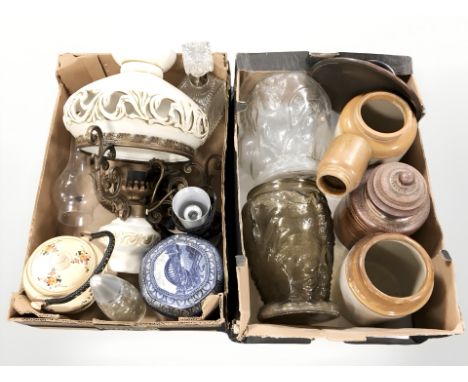 A ceramic light fitting (wired), a group of stoneware and glass vessels, caddies, decanter, etc. (2 boxes)
