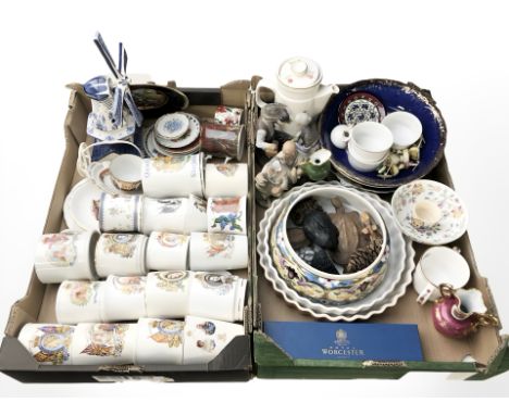 A quantity of Royal commemorative mugs, Delft windmill table lamp, figures, other ceramics, etc. (2 boxes)