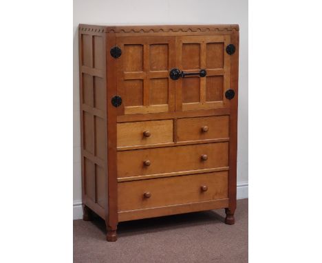 Yorkshire oak - 'Mouseman' adzed, panelled tallboy, fitted with two cupboards, two short and two long drawers, (W85cm, H124cm