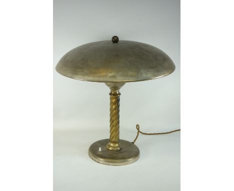1930s burnished metal lamp, shallow dome shade on barley twist column plinth base, H44cm Condition Report Click here for furt