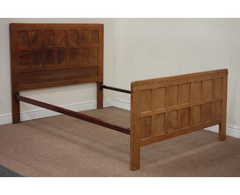 Yorkshire oak - 'Mouseman' adzed oak panelled 4' 6'' double bedstead by Robert Thompson of Kilburn Condition Report Click her