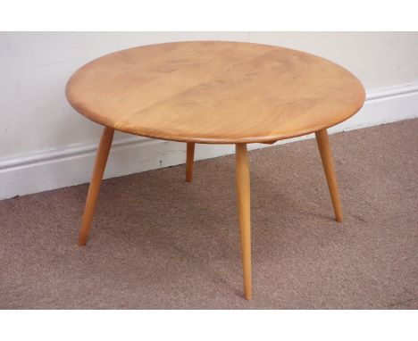 Ercol light elm burr circular coffee table raised on tapering legs, D74cm, H42cm Condition Report Click here for further imag