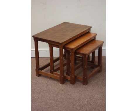 Yorkshire oak - 'Mouseman' nest of three adzed top tables, by Robert Thompson of Kilburn, W61cm Condition Report Click here f