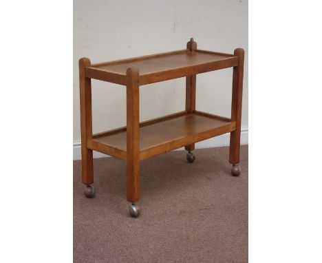 Yorkshire oak - 'Mouseman' two tier tea trolley by Robert Thompson of Kilburn, L:85cm, W39cm, H76cm Condition Report Click he
