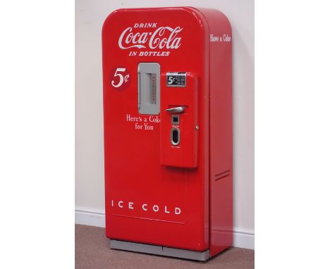 Mid 20th century 'Vendo 39' Coca Cola coin operated automated vending machine, rounded top case, red enameling with white ena