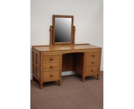 Yorkshire oak - 'Mouseman' adzed kneehole dressing table with rectangular swing mirror (W137cm, H136cm, D51cm), by Robert Tho