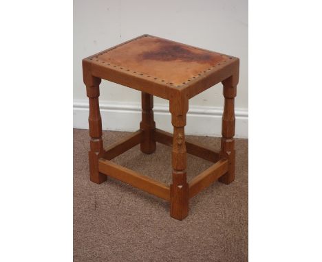 Yorkshire oak - 'Mouseman' rectangular stool with studded upholstered leather top Condition Report Click here for further ima