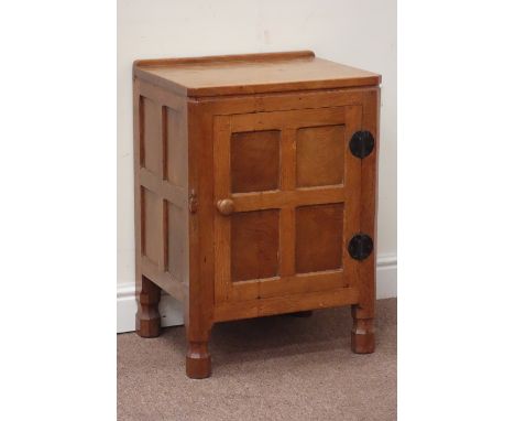 Yorkshire oak - 'Mouseman' adzed, panelled bedside cabinet (W48cm, H68cm, D38cm), by Robert Thompson of Kilburn Condition Rep