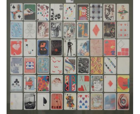 Framed part set playing cards designed by contemporary artists, as featured in the A&D Gallery, London 2012, 64cm x 69cm Cond