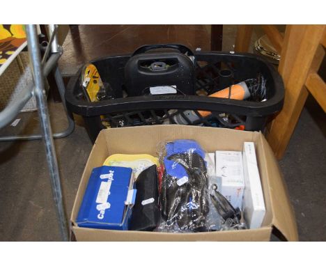Two boxes of various garage clearance tools and other items to include a cordless disc cutter etc