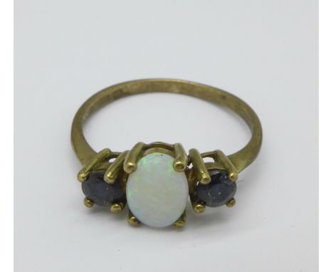 A 9ct gold, opal and sapphire ring, 1.5g, K