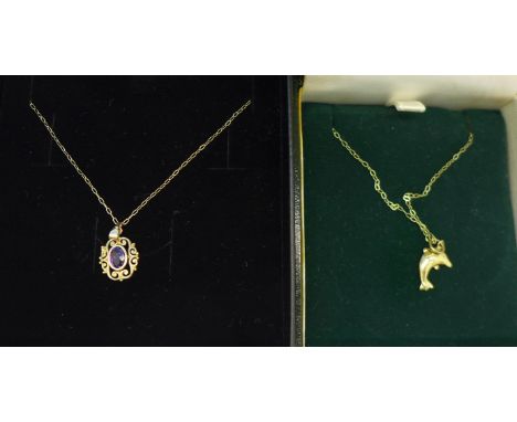 A 9ct gold and amethyst pendant on a 9ct gold chain and a 9ct gold dolphin pendant on a 9ct gold chain