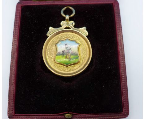 A 9ct gold and enamel cricket fob, with inscription dated 1922, with earlier fob box