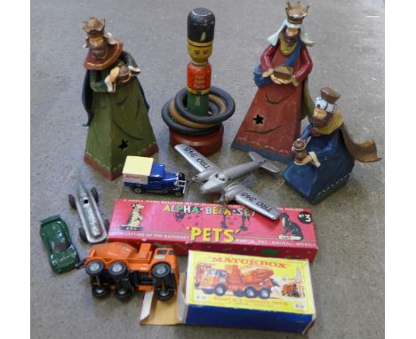 A Matchbox K-13 Ready Mix concrete truck, a toy tin-plate aeroplane, other games, etc.