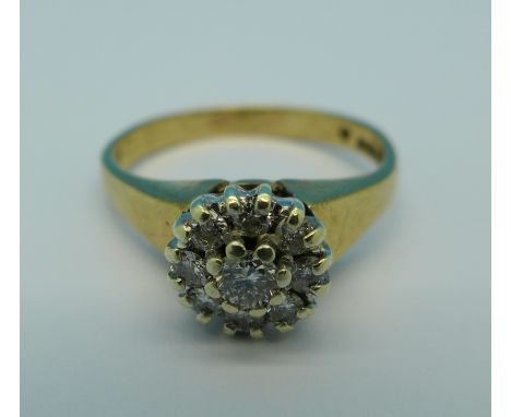 A 9ct gold and diamond cluster ring, 3g, K