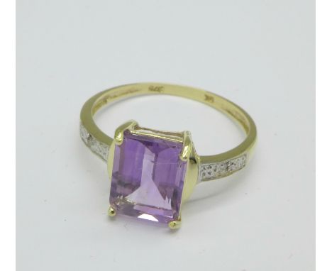 A 9ct gold, amethyst and diamond ring, 1.5g, N