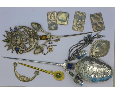 Three South American tupos (cloak or shawl fasteners) and six prayer/worship tin tokens