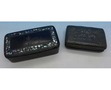 A 19th Century pewter snuff box by James  Dixon and a papier mache snuff box