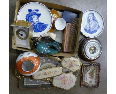 A circular aneroid barometer with instructions, marcasite brooch, ginger jar, three hunting prints, a dressing table vanity s