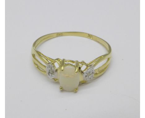 A 9ct gold, opal and diamond ring, 1g, N