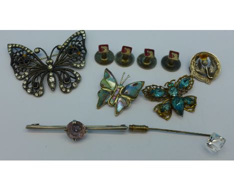 Four silver and enamel studs decorated with horses heads, two silver brooches, stick pin and three butterfly brooches