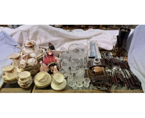 A Royal Albert Old Country Roses pattern part tea set, together with Royal Doulton figures, crystal, camera, part tea service