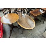 An inlaid side table together with a tripod table and an oval tripod table