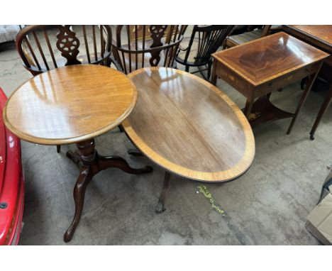 An inlaid side table together with a tripod table and an oval tripod table 