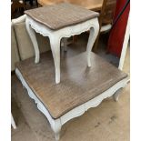 A grey painted and stripped coffee table of square form together with a matching side table