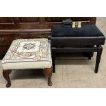 A piano stool together with an upholstered foot stool and a pair of opera glasses