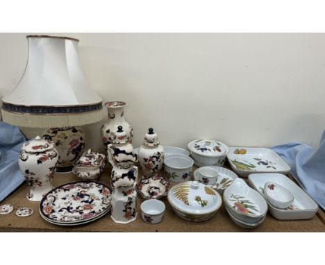 A Masons Mandalay pattern table lamp, together with a collection of Masons Mandalay pattern vases, jugs, plates, etc and a co