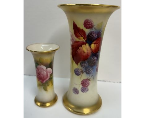 A Royal Worcester flared vase painted with blackberries signed K Blake 18.5cm high together with a small flared vase painted 