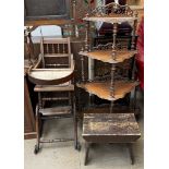A child's metamorphic high chair together with a whatnot and a milking stool,