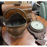 A copper coal scuttle together with an aneroid barometer and a Singer Sewing machine