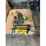 Skid of Assorted Size Hydraulic Cylinders, (2) Enerpac Hydraulic Hand Pumps, Model P39, 10,000 PSI