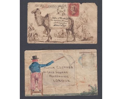 STAMPS : GREAT BRITAIN : Two Victorian hand illustrated envelopes one with a stamp attached. One with very detailed picture o