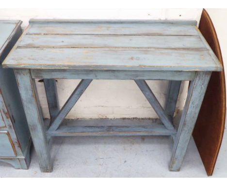 INDUSTRIAL STYLE CONSOLE TABLE, in a blue distressed effect painted finish, 96cm W x 46cm D x 80cm H. 