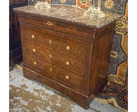 COMMODE, 19th century French Louis Philippe figured walnut with four long drawers gilt metal and St Annes variegated marble t