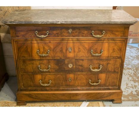 COMMODE, Louis Philippe walnut with grey marble top above four drawers, 130cm W x 37cm D x 100cm H.