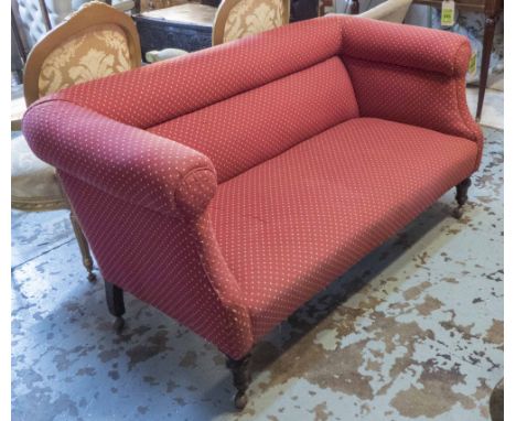 SOFA, Victorian of compact proportions, in a patterned red fabric on later castors, 155cm x 70cm x 78cm H.