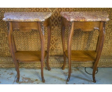 CONSOLE TABLES, a pair, early 20th century, French, Louis XV design beechwood, each with blind frieze drawer and marble top, 