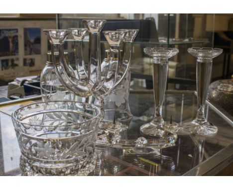 GLASSWARES, including pair of Stuart storm light shades, table candelabrum, engraved bowl, etc. (7)