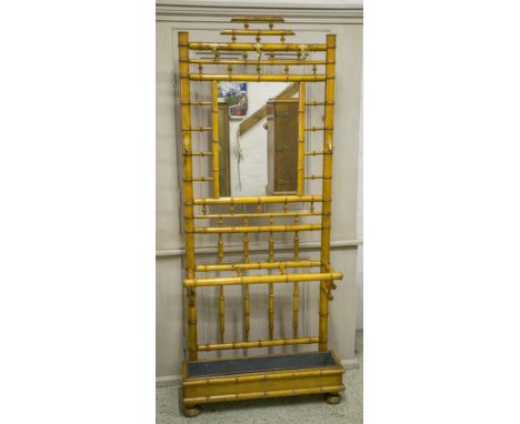 HALL STAND, 19th century French fruitwood faux bamboo with gilt metal hooks and stick stand with tray, 193cm H x 82cm x 25cm 