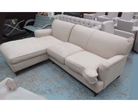 CORNER SOFA, in neutral fabric, on turned castor supports, 226cm x 168cm. 