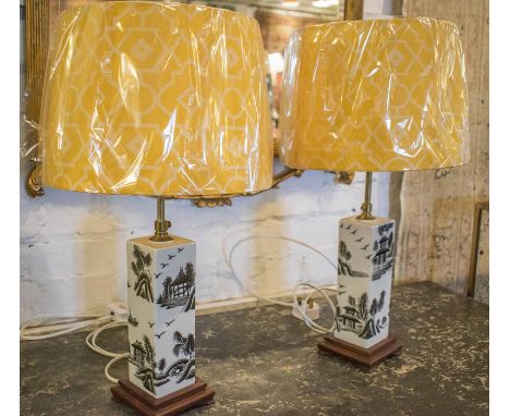 LAMPS, a pair, black and white ceramic Japanese style, adjustable with shades, 63cm H. (2)
