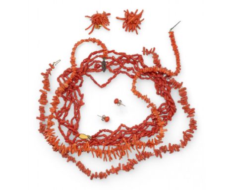 A collection of coral jewellery, including a small pair of ear studs and three spiky coral necklaces  To be sold without rese
